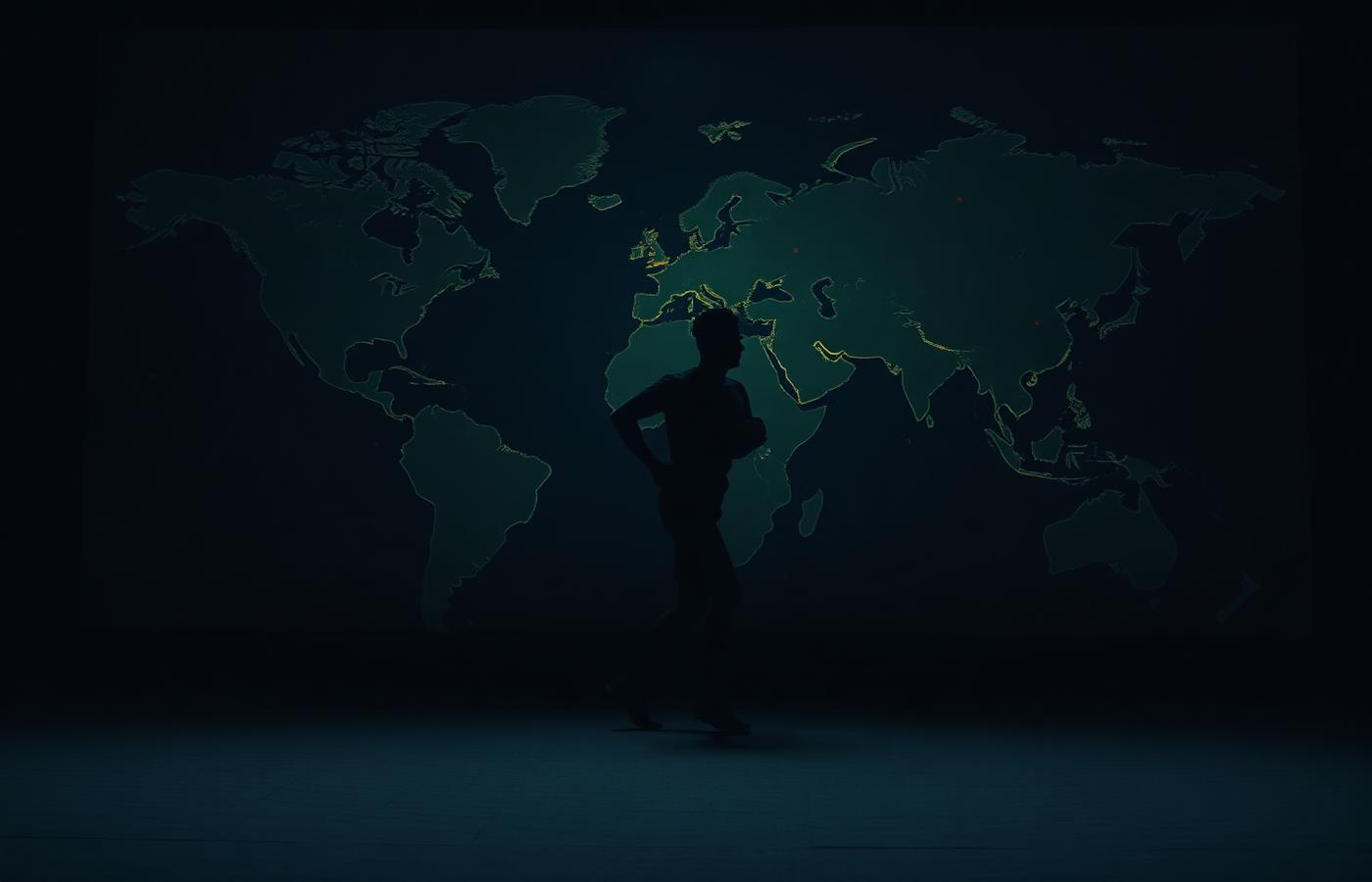 Athlete silhouette before a world map